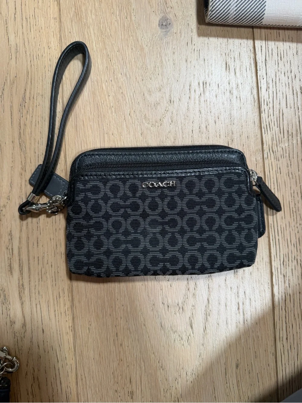 Coach Black Signature Canvas Wristlet with Silver Hardware